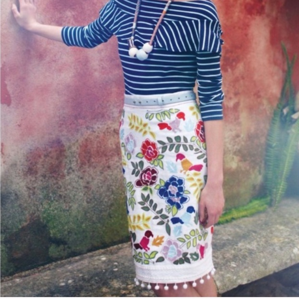 Anthropologie Moulinette Soeurs La Fiesta Embroidered Pom Pom Pencil Skirt